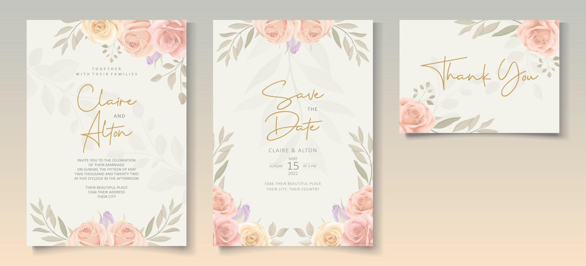 conjunto de hermosa plantilla de invitación de boda con adornos de flores rosas dibujadas a mano vector