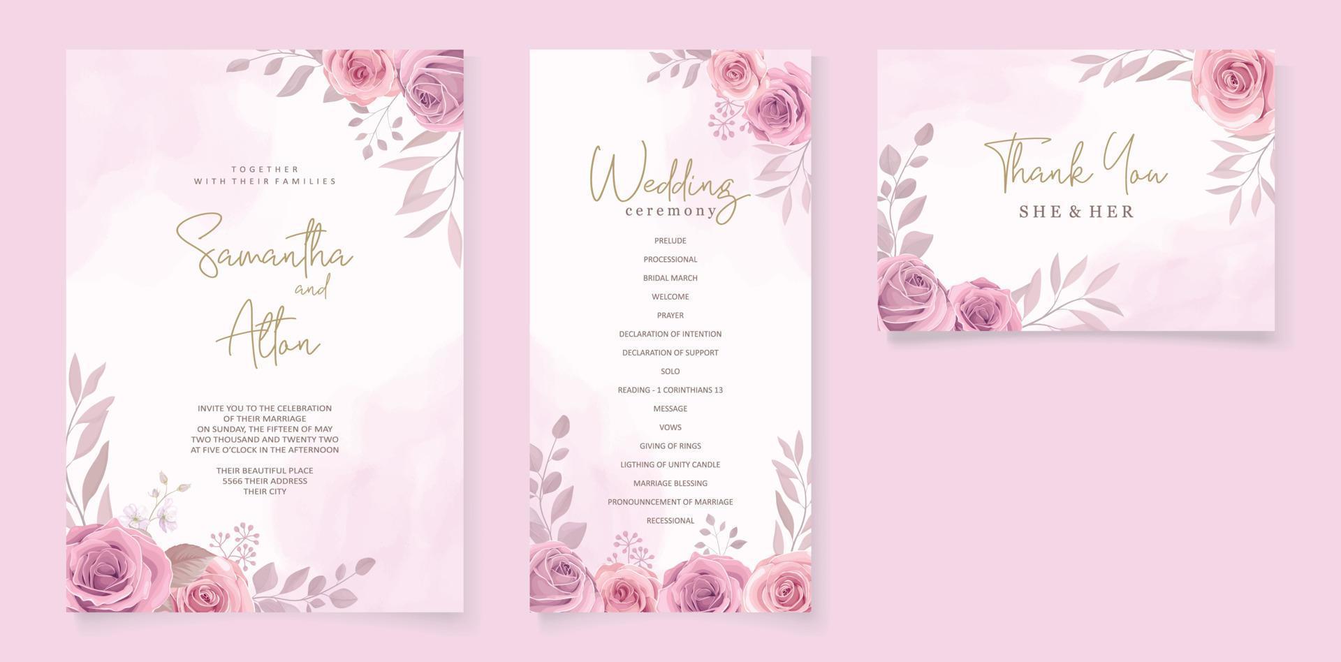Set of beautiful soft color floral wedding invitation template vector