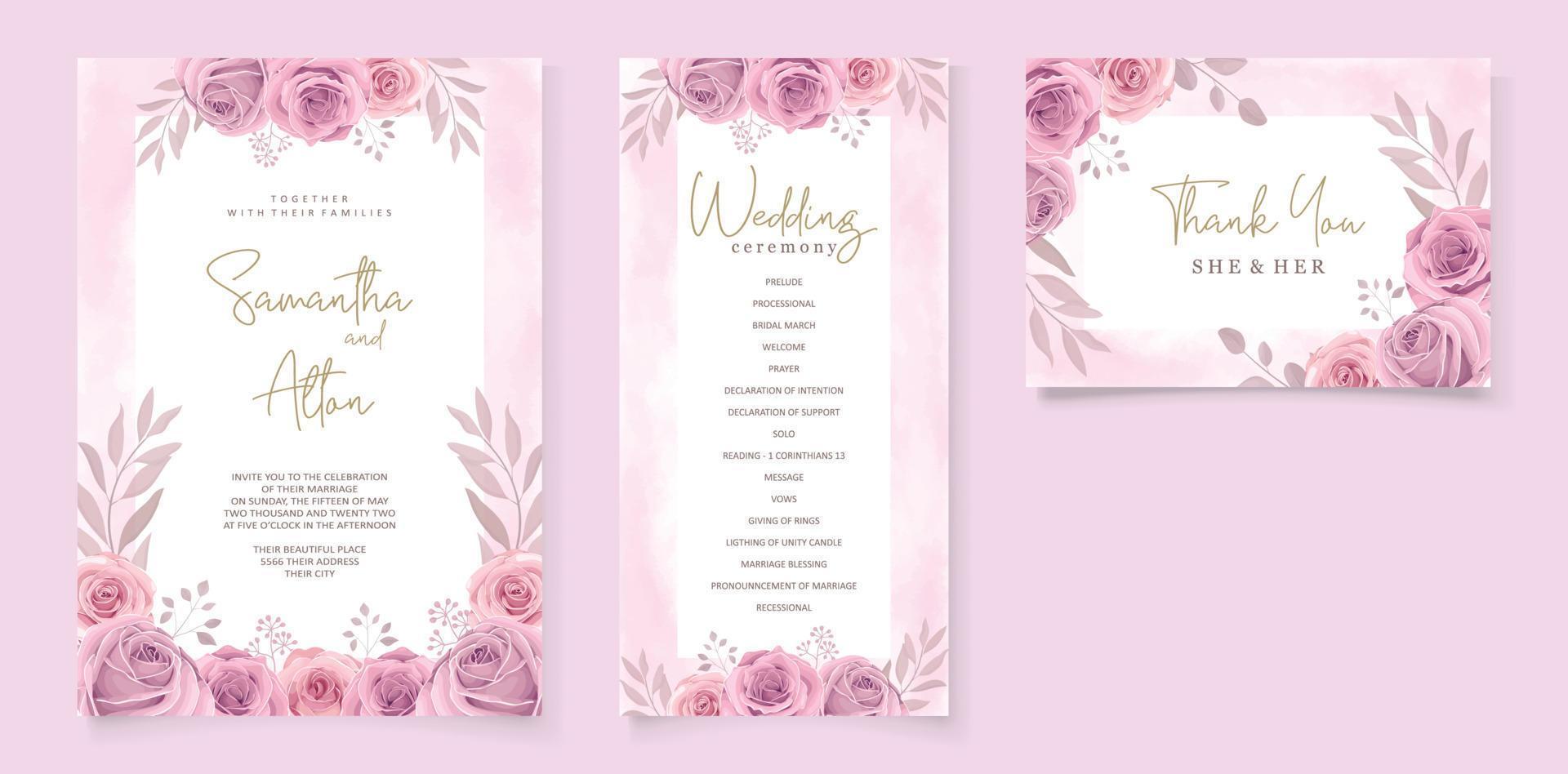 conjunto de hermosa plantilla de invitación de boda con adornos de flores rosas dibujadas a mano vector