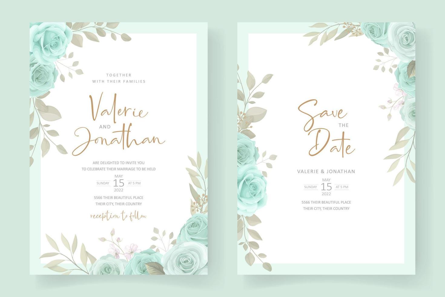 elegante plantilla de invitación de boda con adornos florales de color turquesa vector