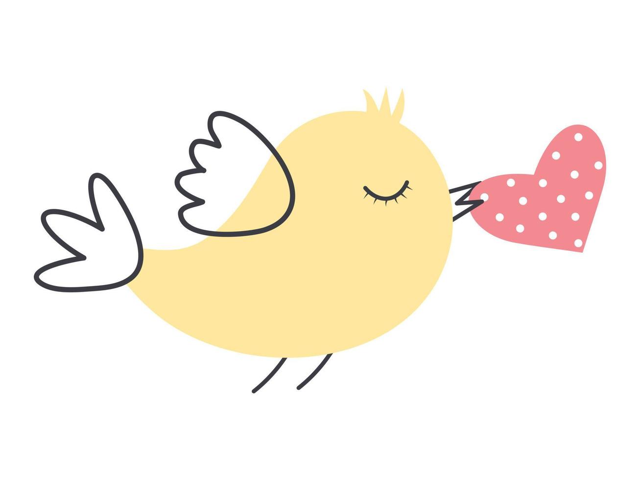 Cute bird with polka dot heart in her beak. Love message. Delivery of mail and letters. vector