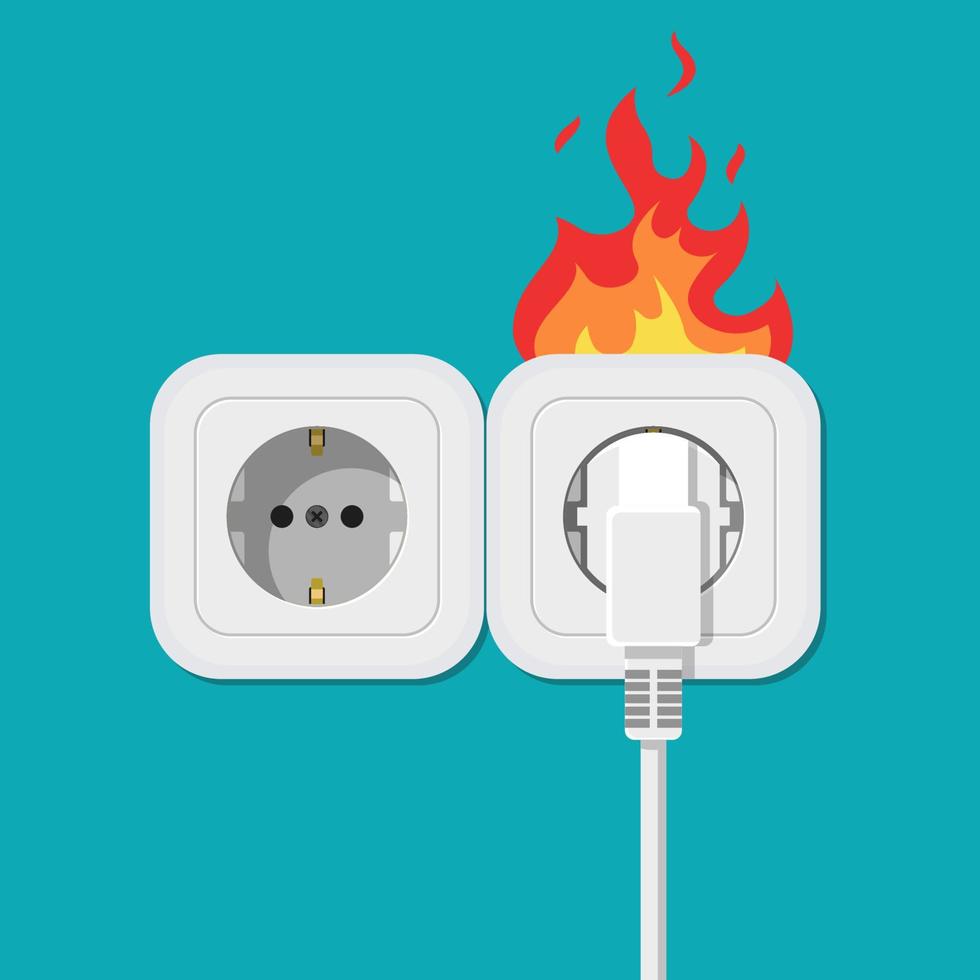 toma quemada, cortocircuito eléctrico. cable dañado defectuoso. fuego por sobrecarga. concepto de seguridad eléctrica. diseño plano de ilustración vectorial. vector