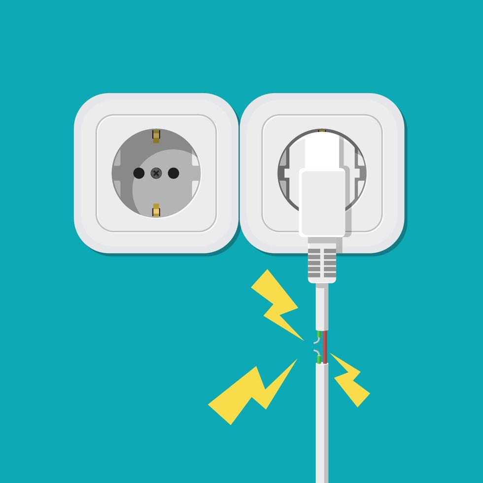 cortocircuito eléctrico. cable dañado defectuoso. fuego por sobrecarga. concepto de seguridad eléctrica. diseño plano de ilustración vectorial. vector