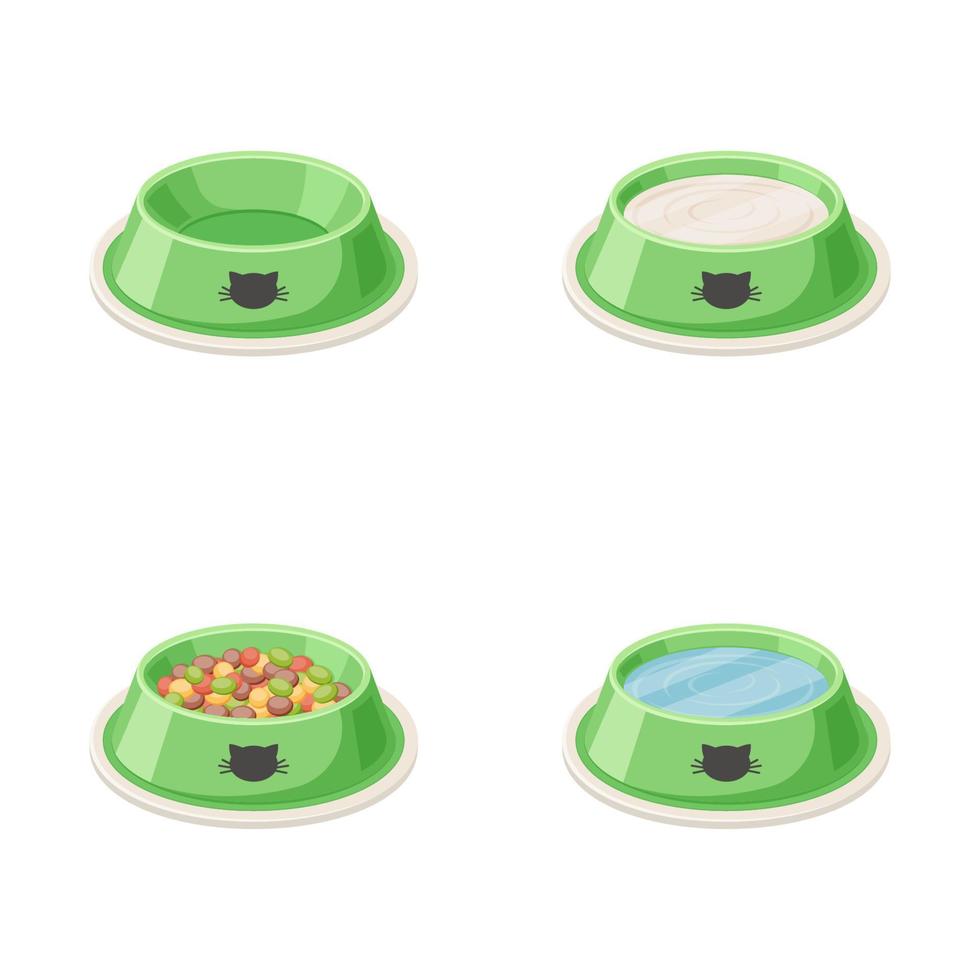 cat bowl filled with water, cat food and milk isolated on white background vector