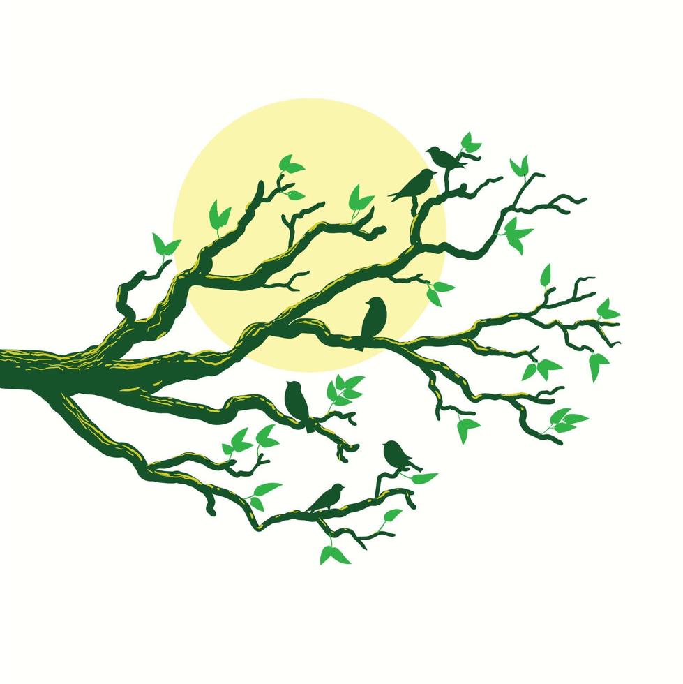 rama de árbol con pájaros y vector de luna