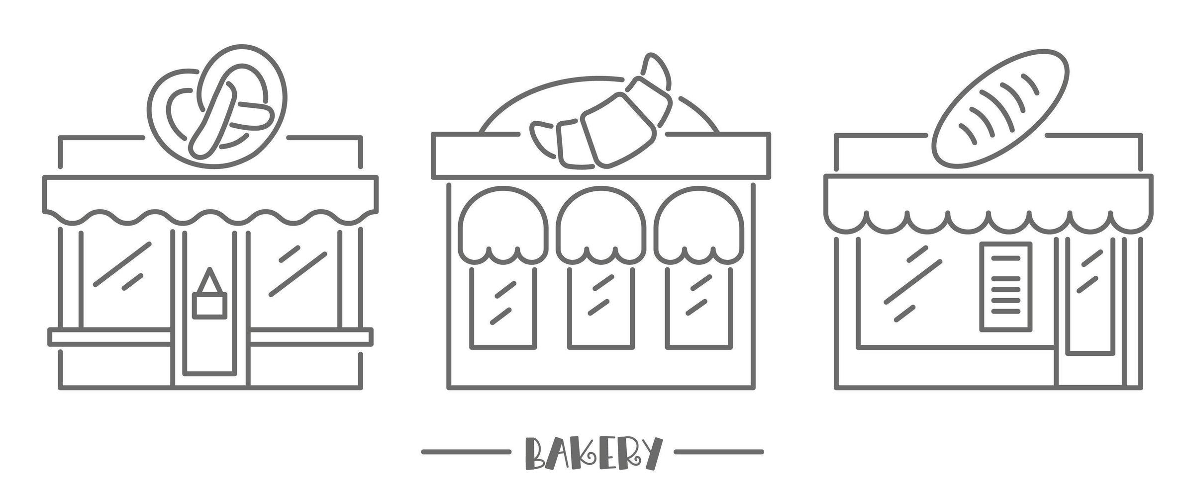 Bakery shop icons. Patisserie front with signboard. Pastry store. Facade of market. Outline vector set.