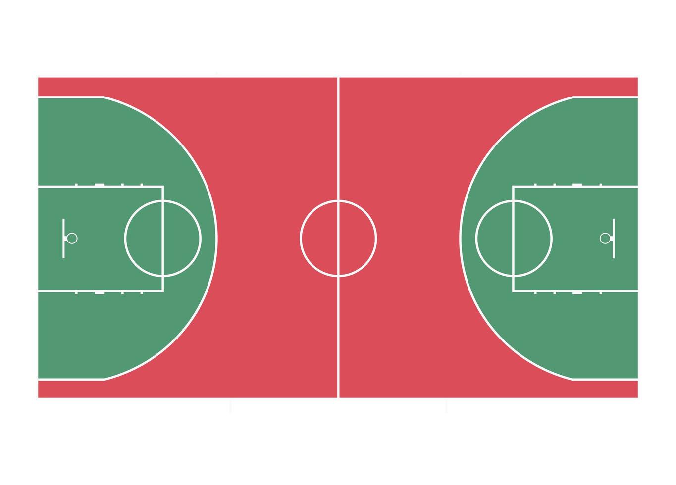 Disposición del campo de baloncesto con marcas. vista superior. piso rojo y verde. vector