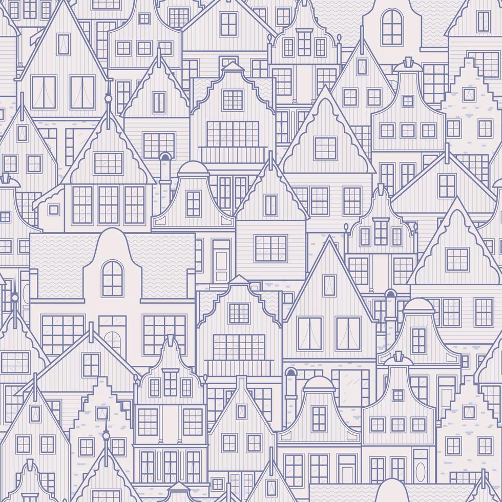 Old european city. Holland houses facades in traditional Dutch style. The Decorative Architecture of Amsterdam. Seamless pattern. Background vector