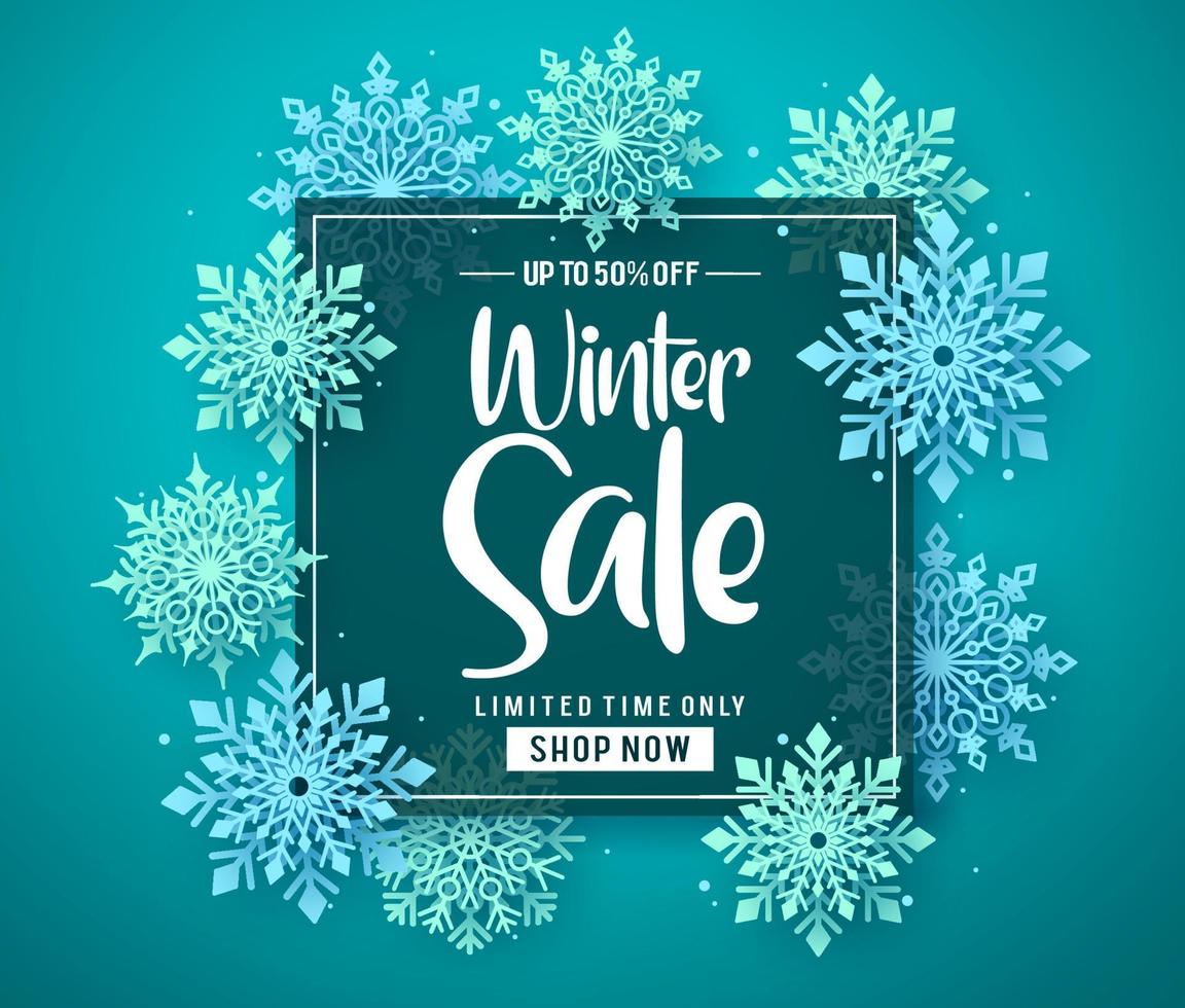 Winter sale vector banner template with sale text in frame for shopping promotion and snowflakes on blue background design. Vector illustration.