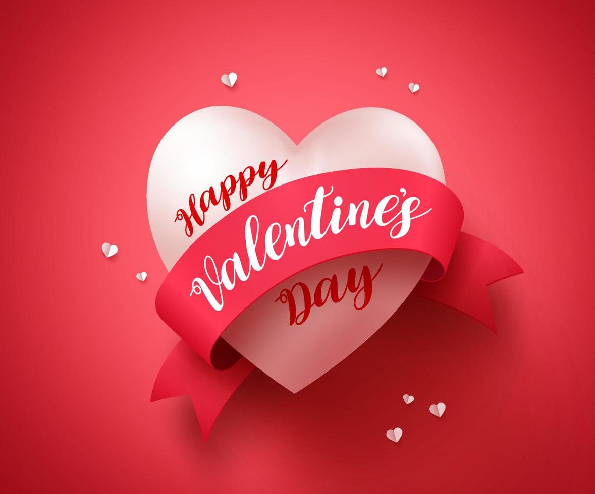 Diseño de banner de vector de feliz día de San Valentín con tipografía y forma de corazón blanco realista y elementos en una cinta para la tarjeta de felicitación del día de San Valentín. ilustración vectorial.