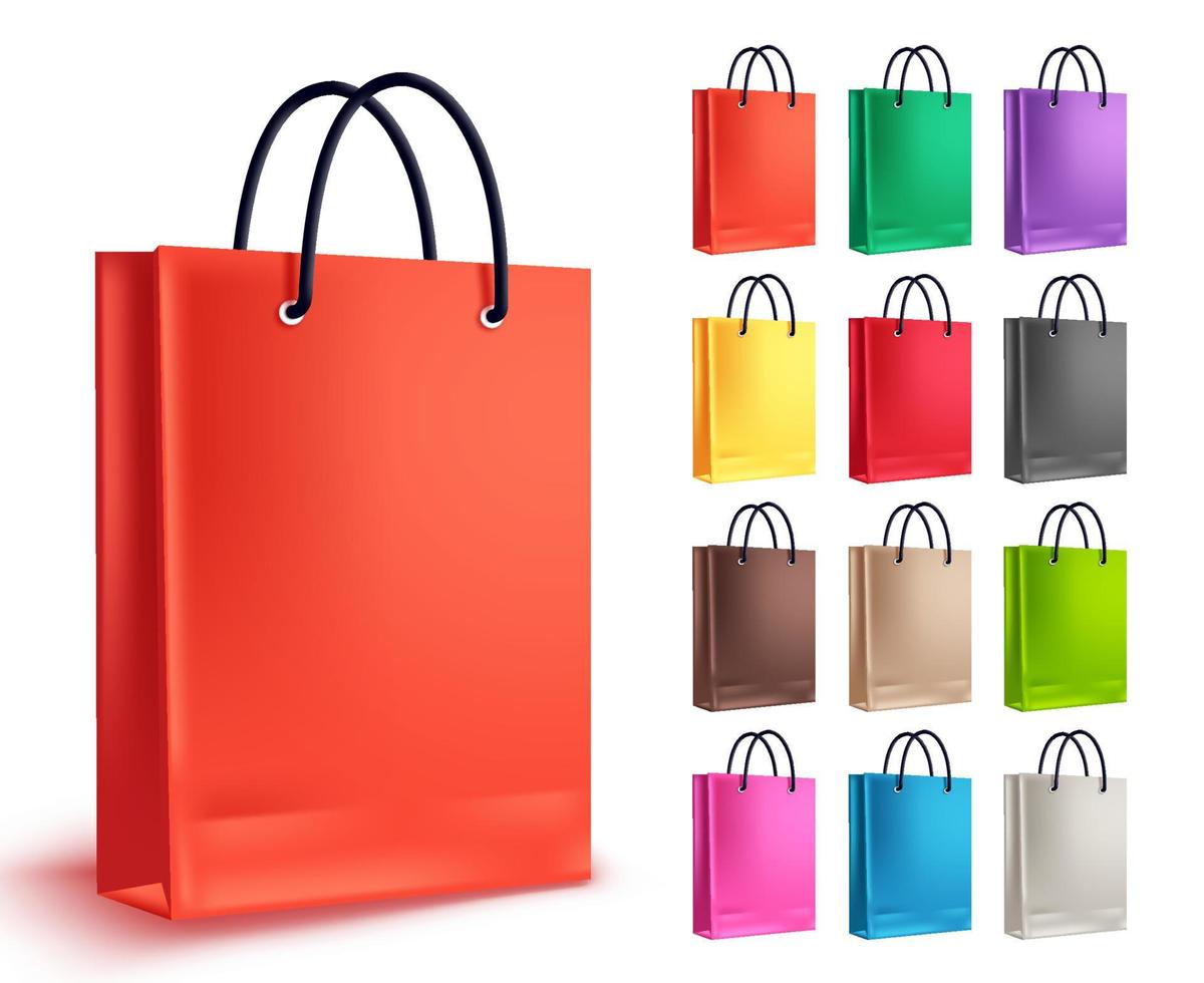 bolsa de papel para compras conjunto de vectores. Colección de bolsas de compras vacías en naranja y otros colores aislados en blanco para elementos de diseño de moda y mercado. ilustración vectorial. vector