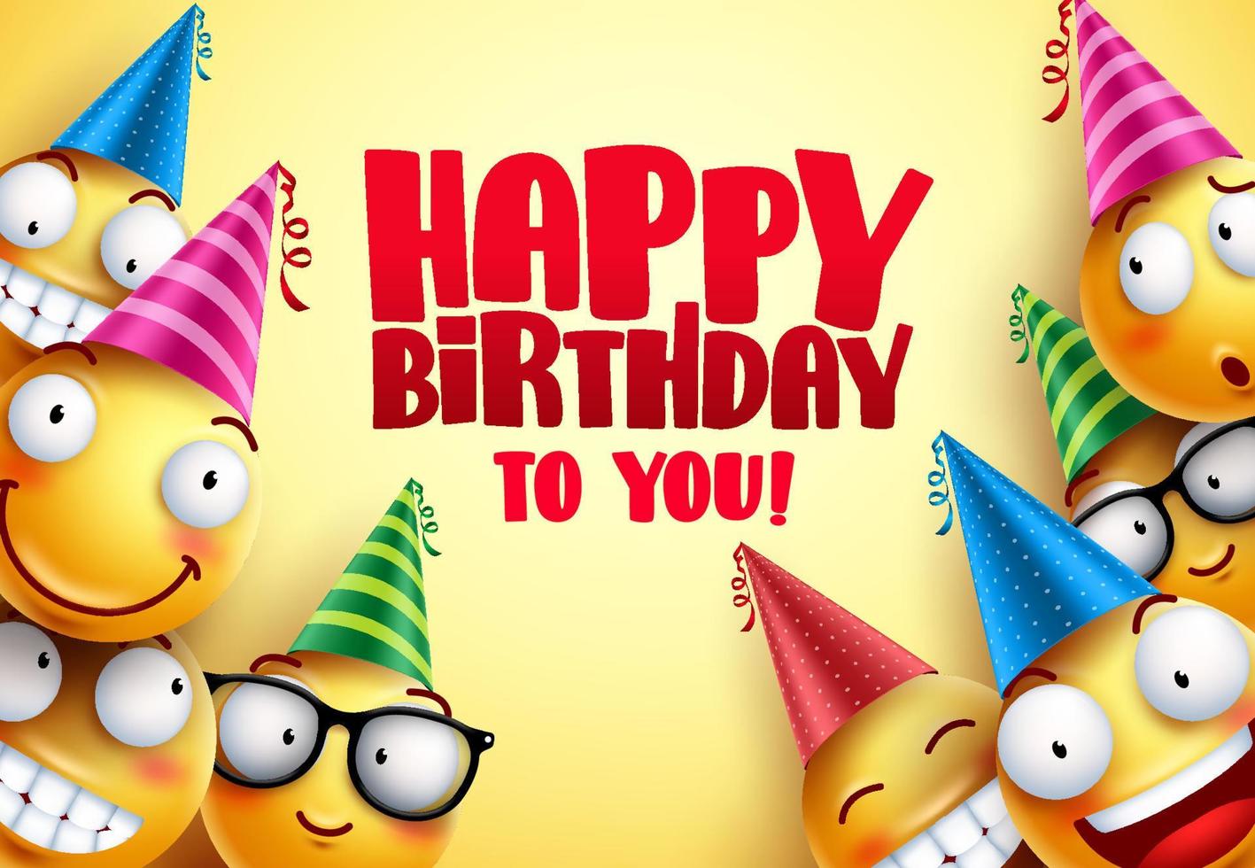 Happy birthday vector greetings design with funny and happy yellow emoticons wearing colorful party hats in yellow background. Vector illustration.