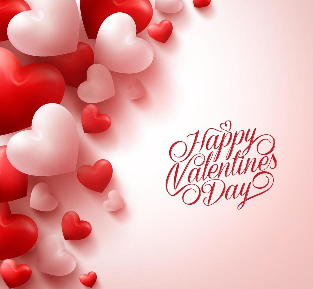 3D Realistic Red Hearts and Sweet Happy Valentines Day Title Text in White Background with Space. Vector Illustration