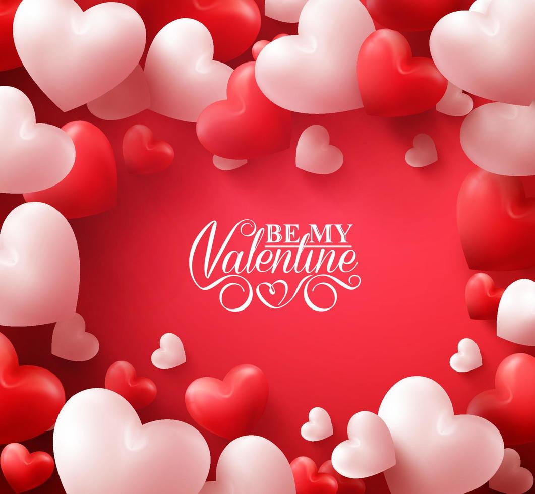 coloridos corazones de San Valentín suaves y lisos en fondo rojo con saludos felices del día de San Valentín en el medio. ilustración vectorial vector