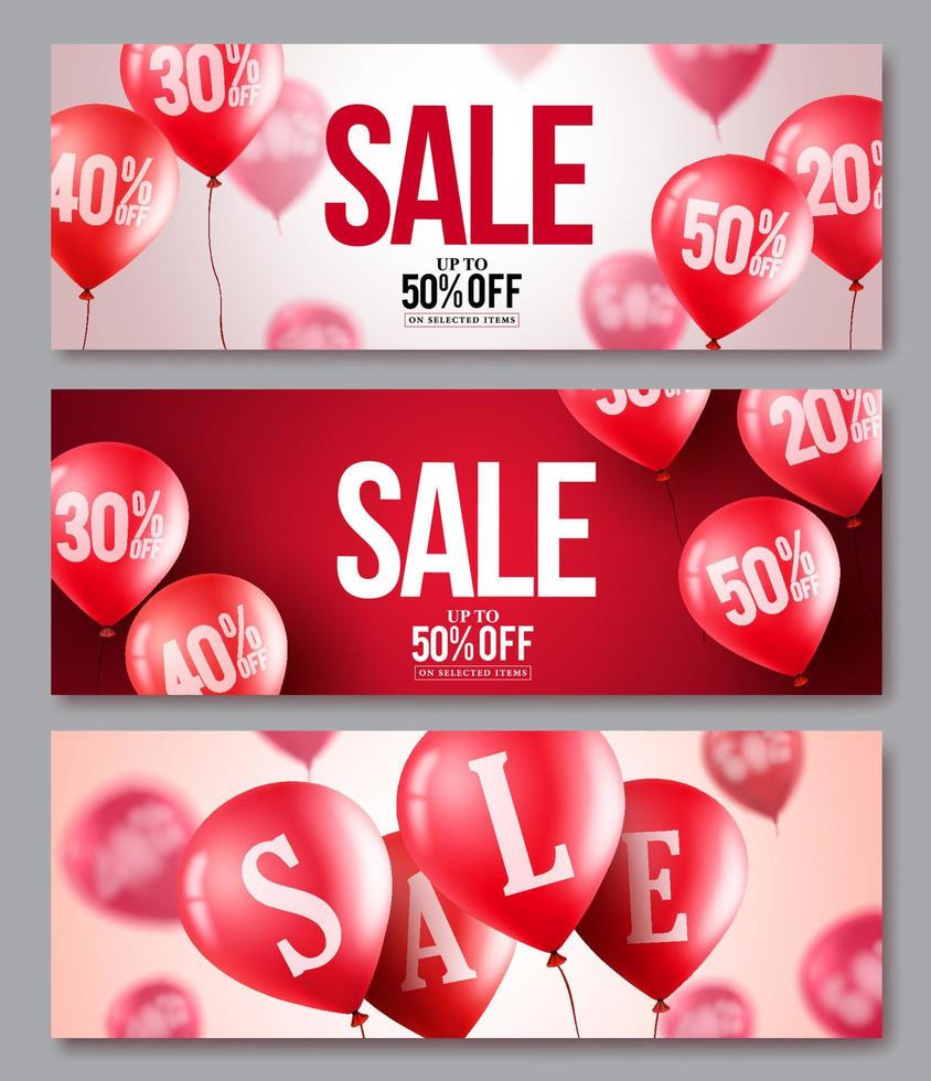 venta vector globos banner set. colecciones de globos voladores con un 50 por ciento de descuento en fondos rojos y blancos para promociones de marketing en tiendas. ilustración vectorial.