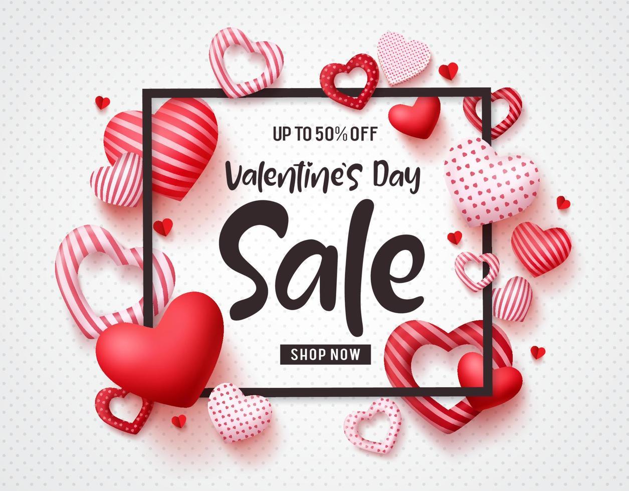 Valentines day sale vector banner template with sale promotion text, hearts elements and a frame in white pattern background. Vector illustration.