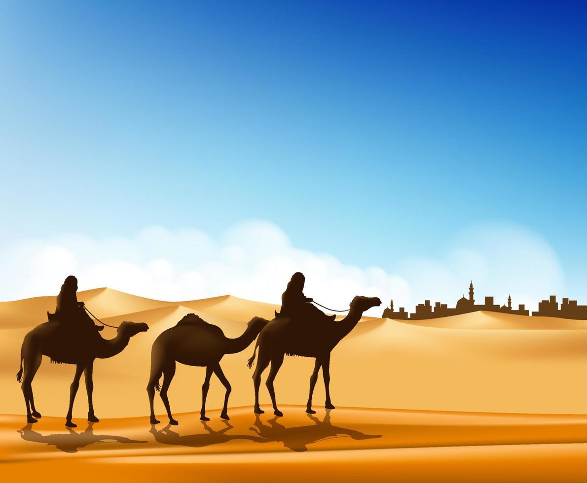 Group of Arab People with Camels Caravan Riding in Realistic Wide Desert Sands in Middle East Going to a City. Editable Vector Illustration