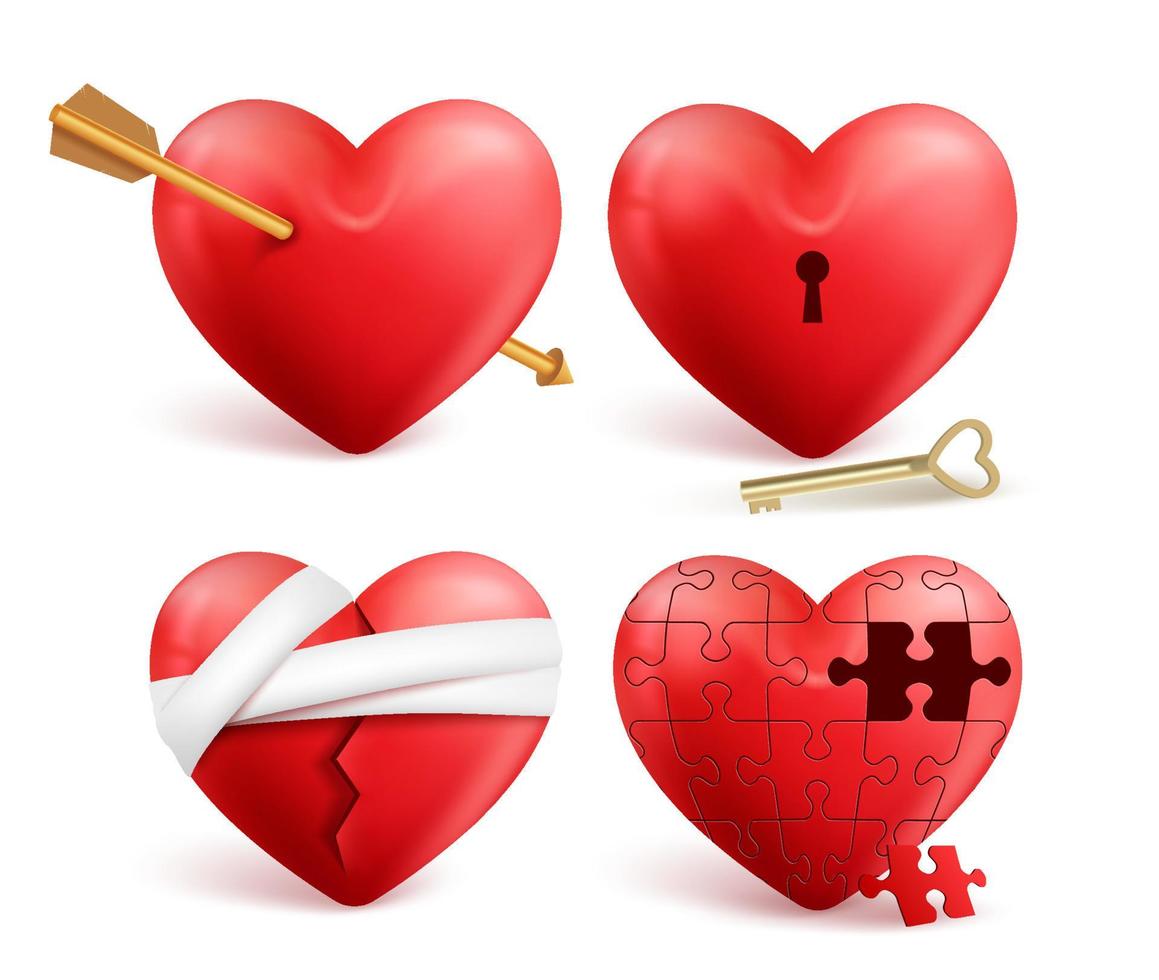 Corazones rojos vector conjunto realista 3d con flechas, agujeros de cerradura, rompecabezas y vendas para el día de San Valentín aislado en fondo blanco. ilustración vectorial.