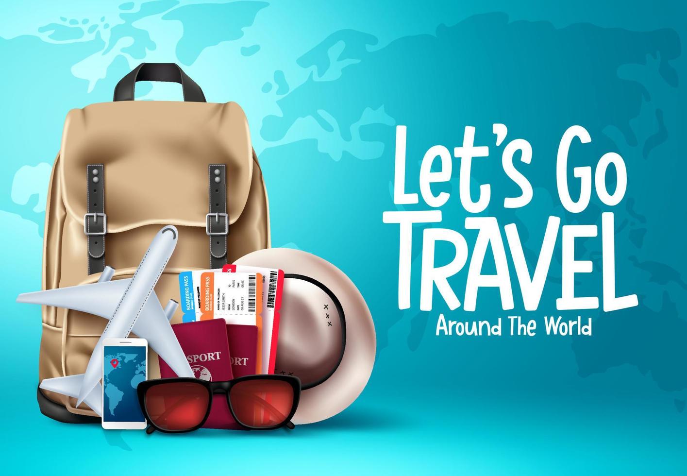 Travel vector template design. Let's go travel around the world text in blue map background for trip and tour worldwide vacation. Vector illustration