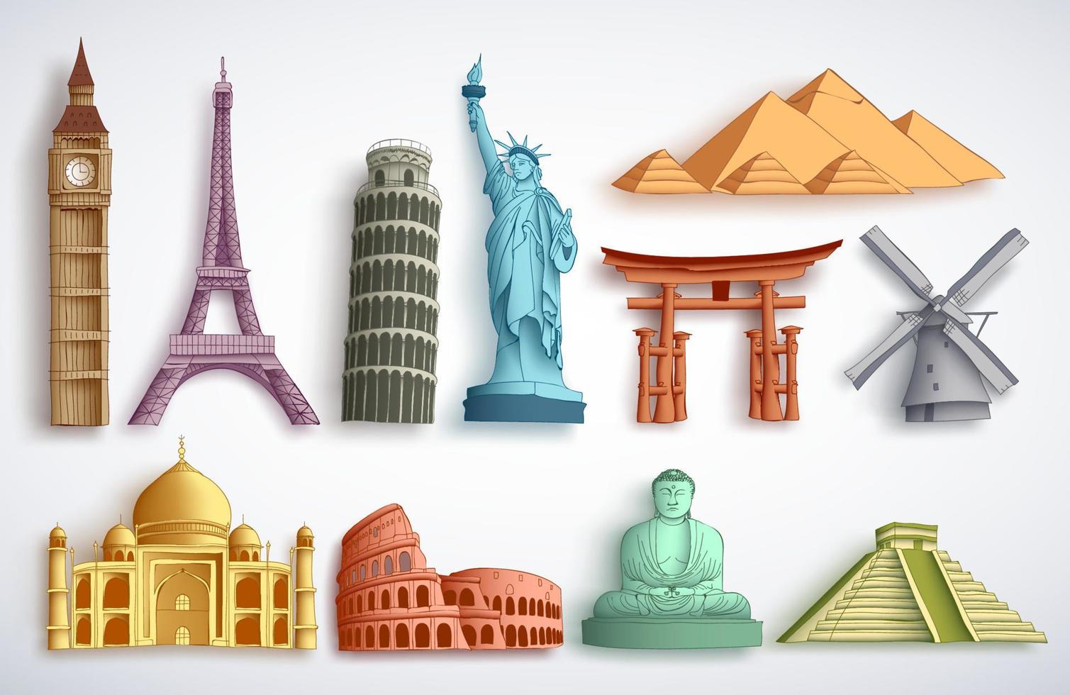 Travel landmarks vector illustration set. Famous world destinations and monuments of different city attractions for tourists and travelers in white background.