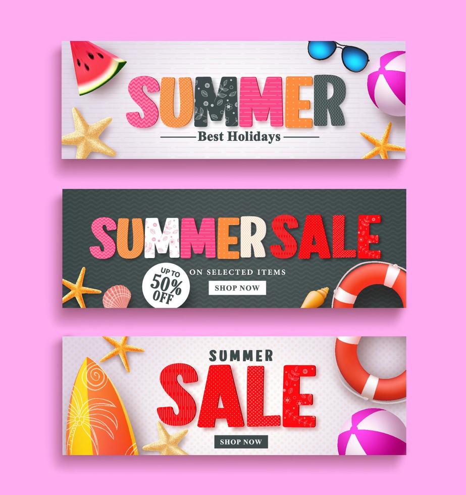 Summer sale and summer greeting banner design set with 3D colorful text and beach elements in white and black pattern background for summer season template. Vector illustration.