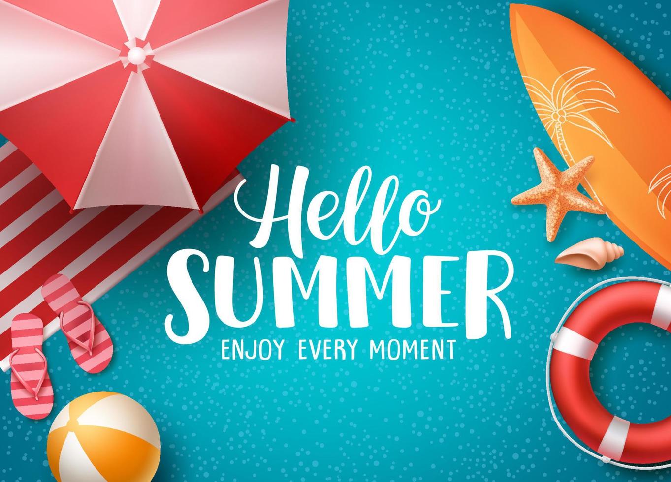 Hello summer in the beach vector background. Hello summer text with colorful beach elements like ball, lifebuoy and umbrella under palm tree in blue background. Vector illustration.