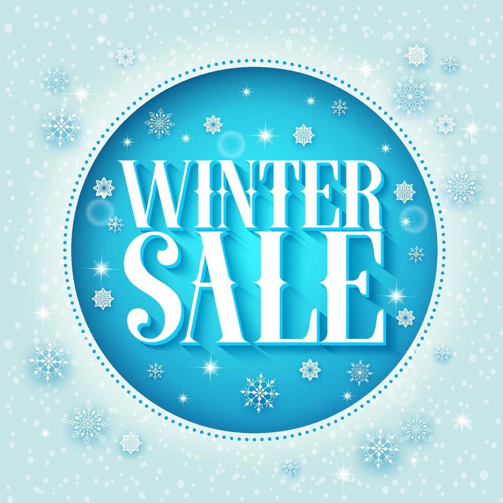 Winter sale vector design 3D text in a blue circle and snow background with different snowflakes for season promotion. Vector illustration.