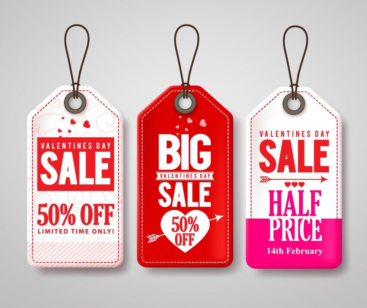 Valentines day sale price tags and labels vector set with half price store promotional designs. Vector illustration.