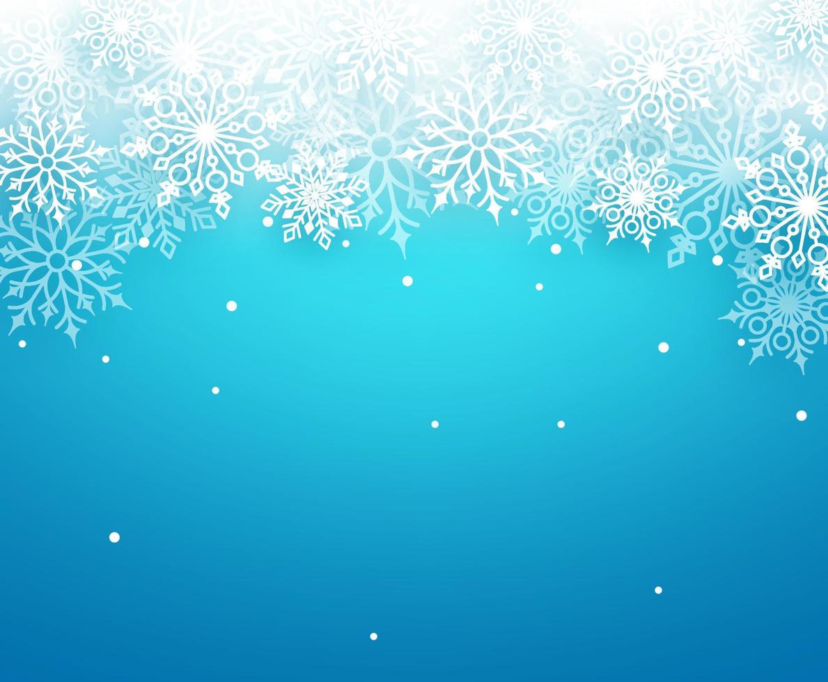 Fondo de vector de nieve de invierno con elementos de copos de nieve blancos cayendo y espacio vacío para texto en fondo azul. ilustración vectorial.