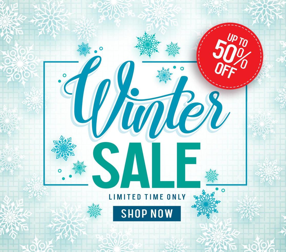 Winter sale vector banner design with white snowflakes elements and winter sale text in snow pattern background for shopping promotion. Vector illustration.