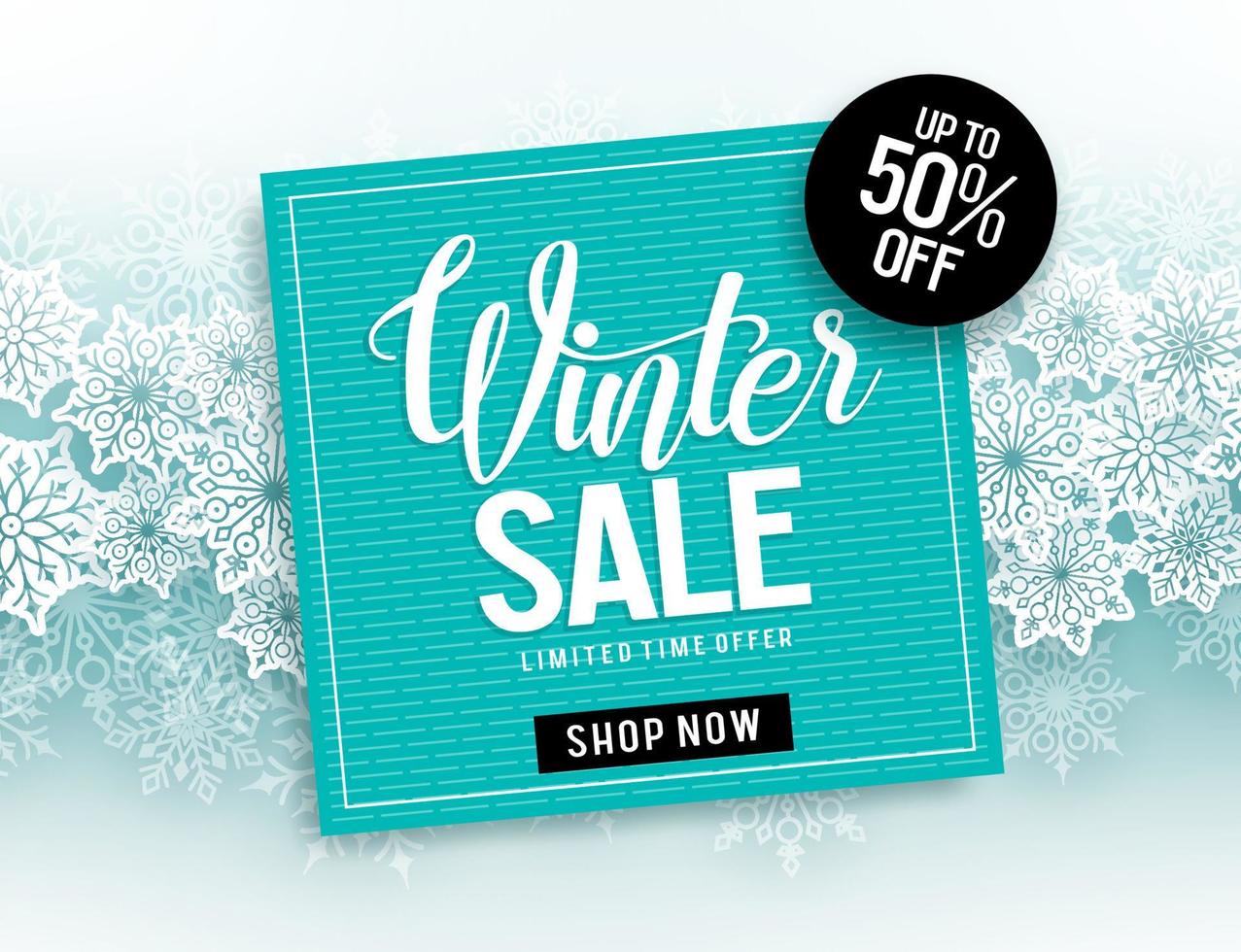 Winter sale vector banner design with sale text paper cut hanging and white snow in blue background for seasonal promotion. Vector illustration.