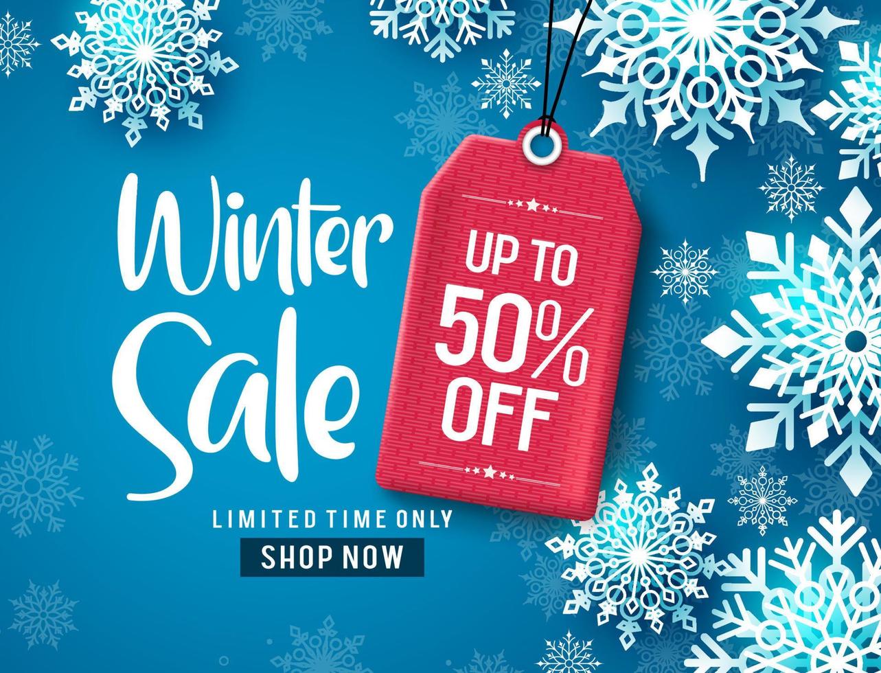 Winter sale vector banner design. Winter sale discount text with white snowflakes and red tag element in blue background.  Vector Illustration.