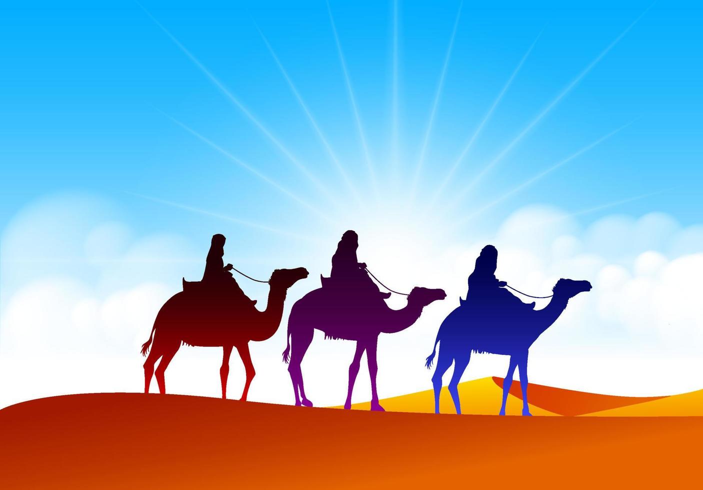 Group of Camels Caravan Riding in Realistic Wide Desert Sands in Middle East with a Beautiful Sunlight in Horizon. Editable Vector Illustration