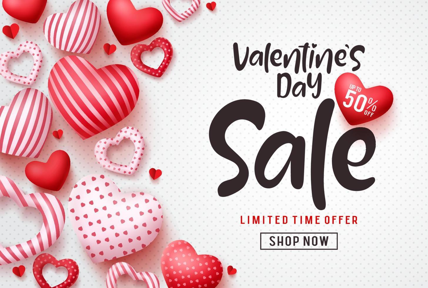 Valentines day sale vector banner template. Valentines day sale discount text with hearts elements in white pattern background. Vector illustration.