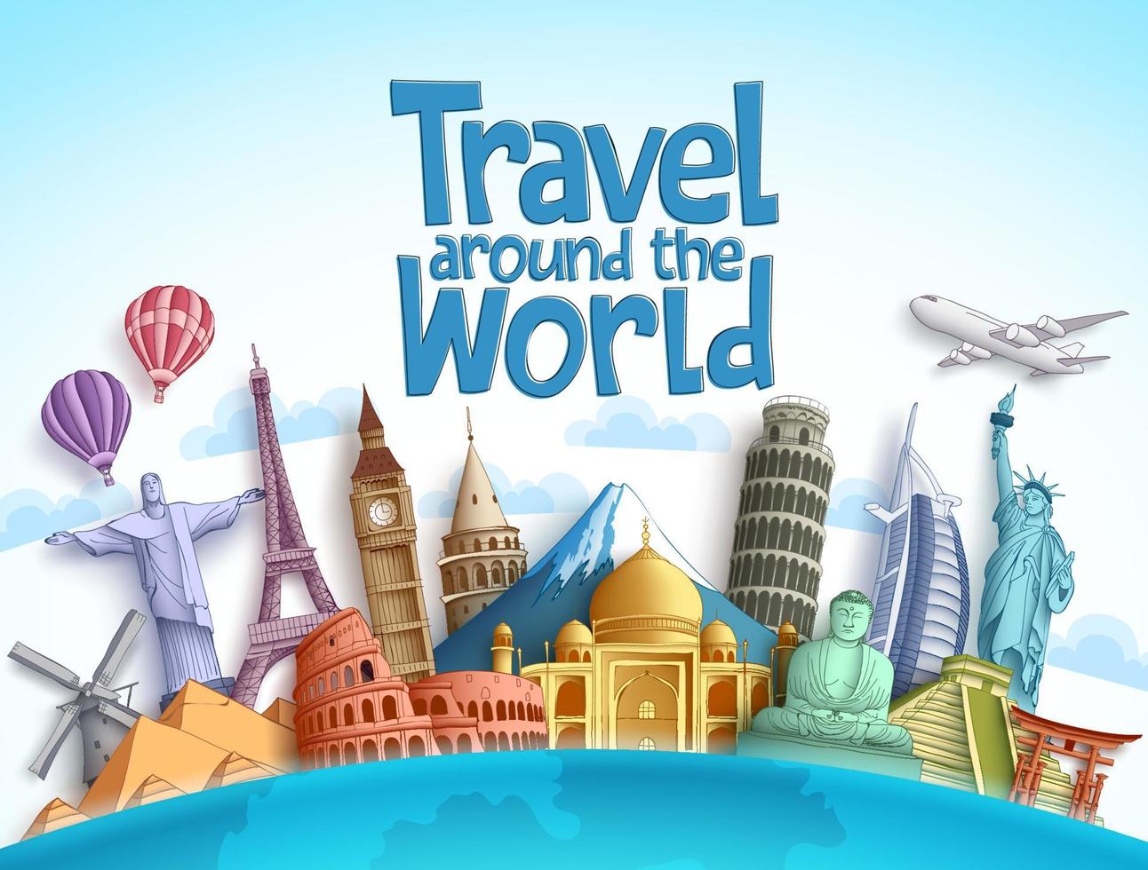 Travel around the world vector design with famous landmarks and tourist destination of different countries and places in blue background. Vector illustration.