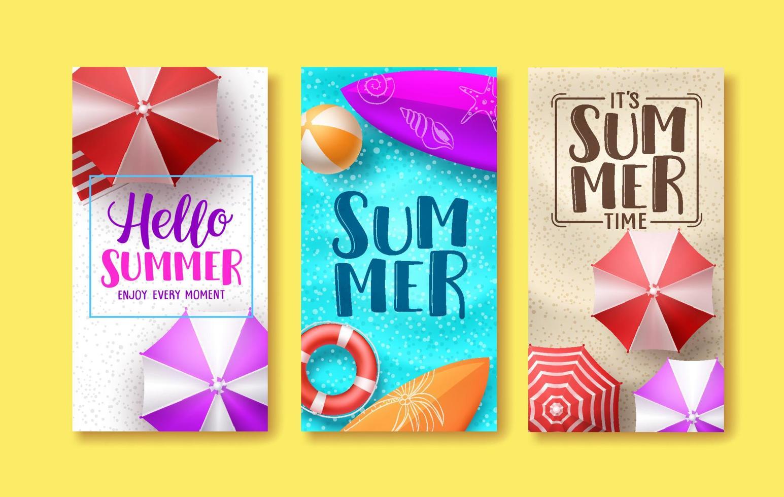 Summer design vector poster set. Hello summer greeting text in beach sand background with colorful elements like umbrella, ball and surfboard. Vector illustration.