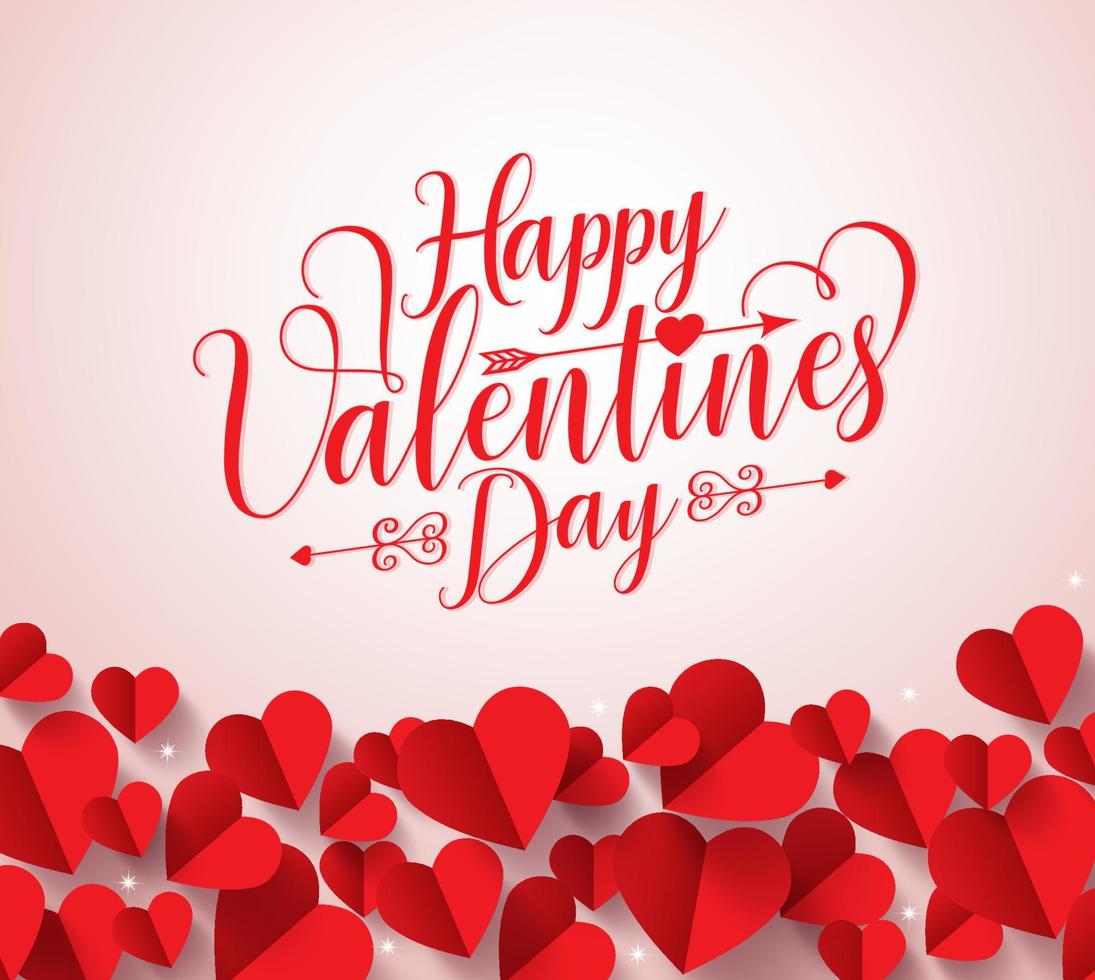 Happy valentines day greetings typography in white background with paper cut red hearts shape decorations. Vector illustration.