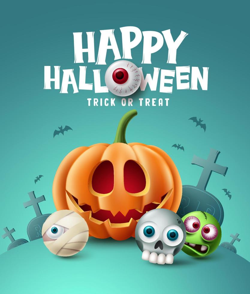 diseño de fondo feliz halloween. texto de truco o trato de Halloween con elemento de globo ocular y un personaje lindo y aterrador en el fondo del cementerio del patio de la tumba. ilustración vectorial vector