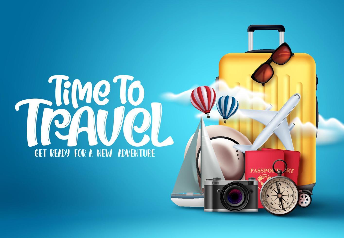 Time to travel vector design. Time to travel text in empty space with traveling elements like luggage, bags, passport, camera and compass in blue background. Vector illustration.