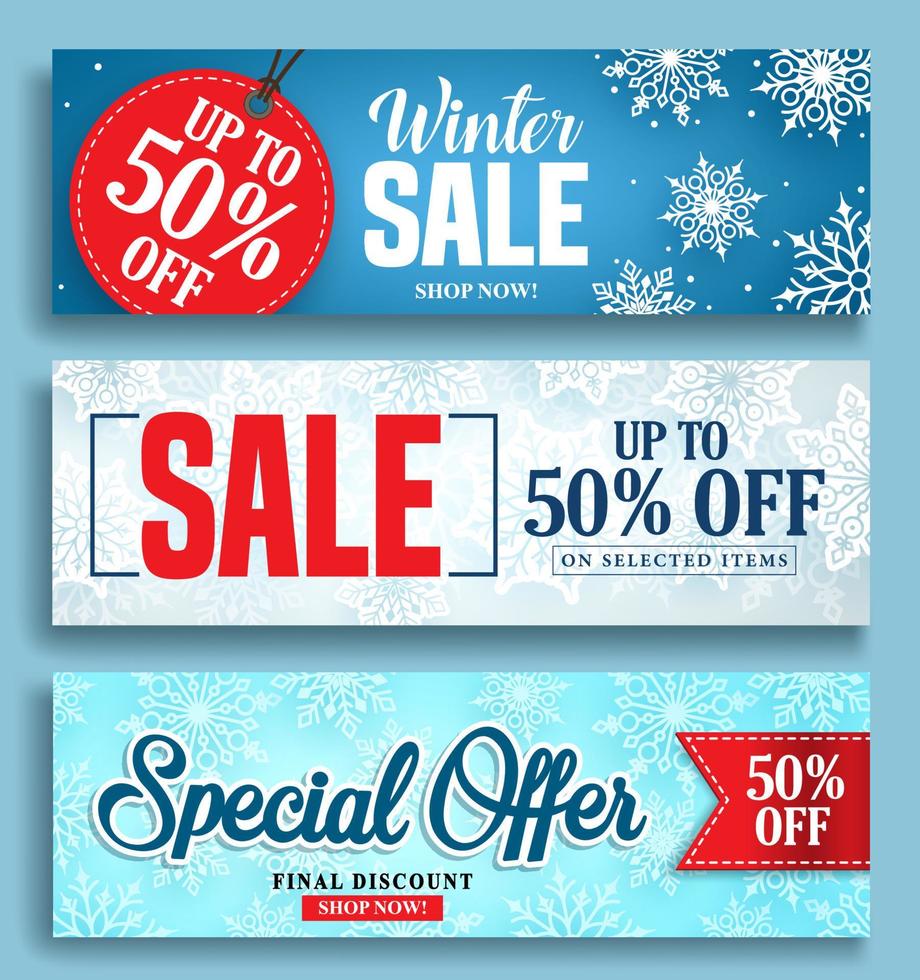 Winter snow vector background with white snowflakes elements falling and empty space for text in blue background. Vector illustration.