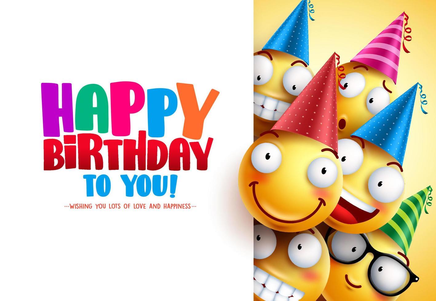 Birthday vector greeting design with yellow funny and happy emoticons wearing colorful party hats and happy birthday text in white empty background. Vector illustration.