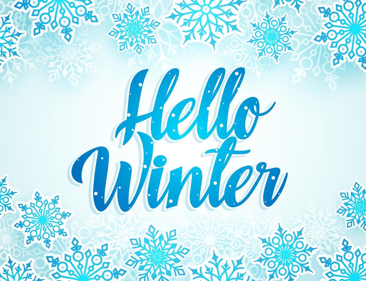 Hello winter vector greetings design with blue typography and snow flakes elements in white background for winter season. Vector illustration.