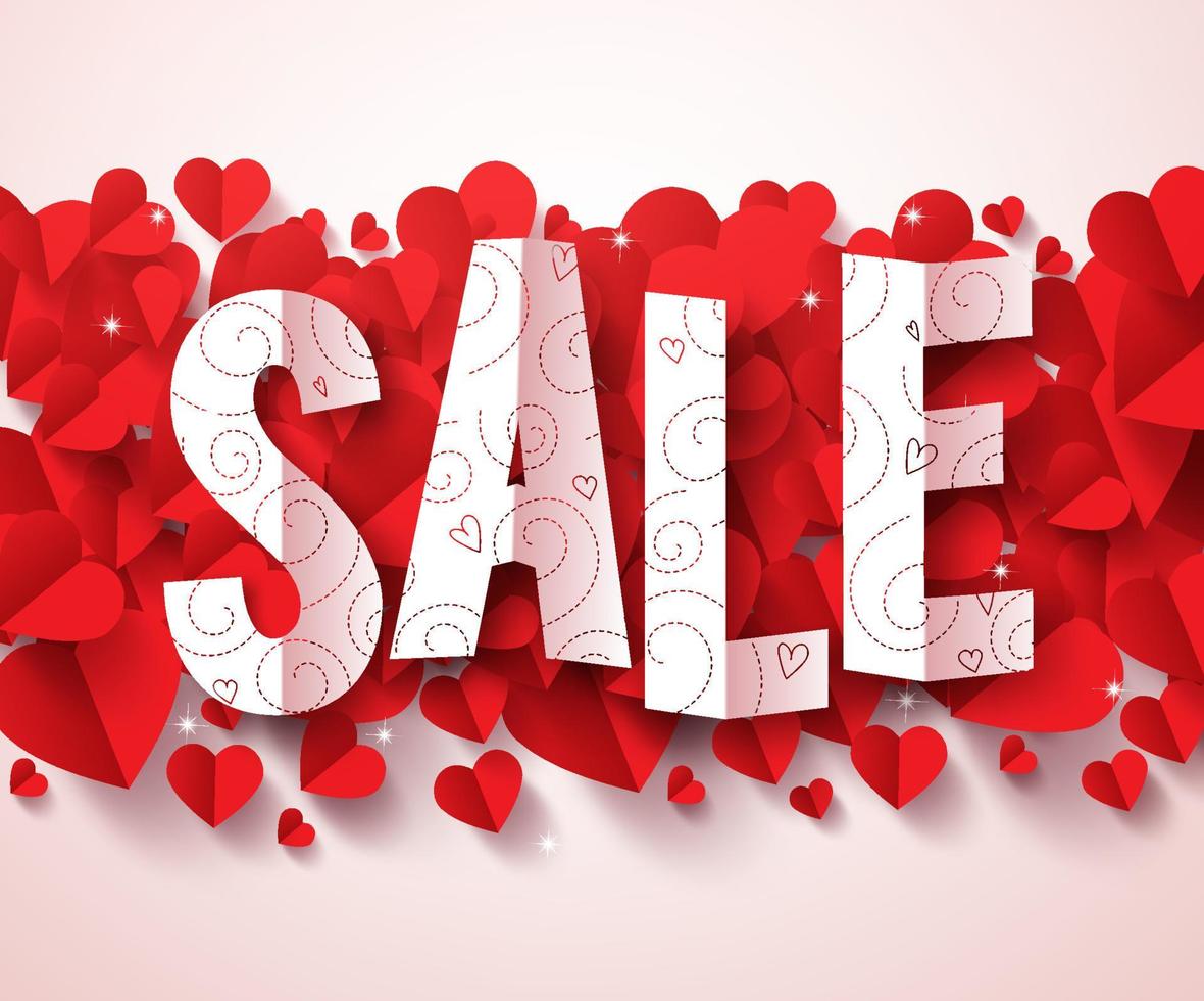 Valentines day sale text paper cut and folded for marketing promotion in red hearts elements in white background. Vector illustration.