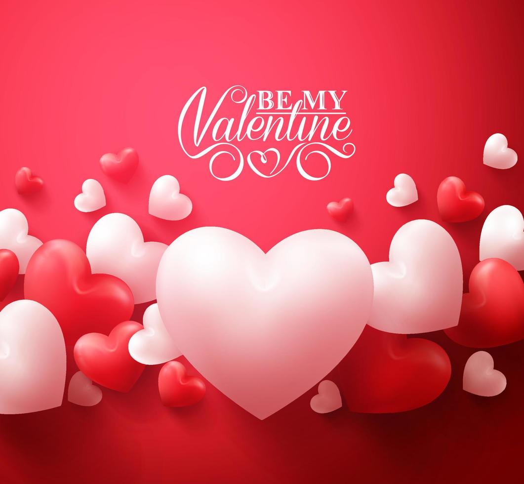 Realistic 3D Colorful Red and White Romantic Valentine Hearts Background Floating with Happy Valentines Day Greetings. Vector Illustration