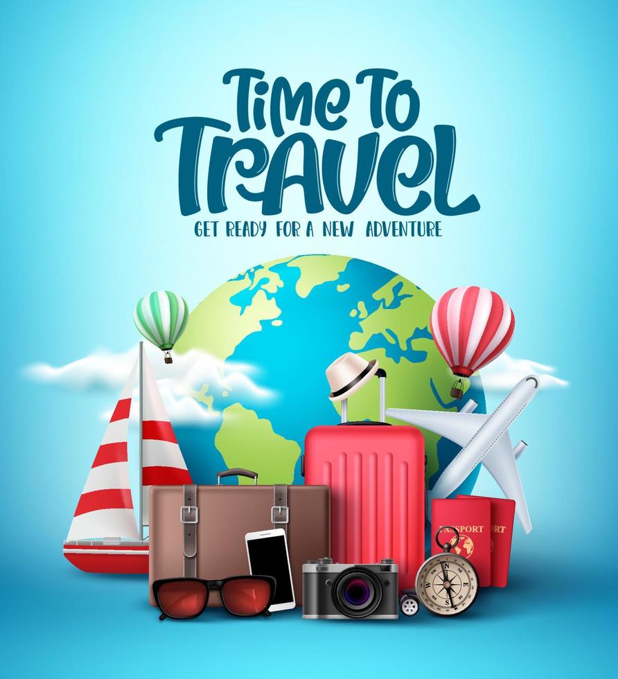 Time to travel the world vector design. Travel and explore the world in different countries and destinations with traveling elements like bags and transportation.