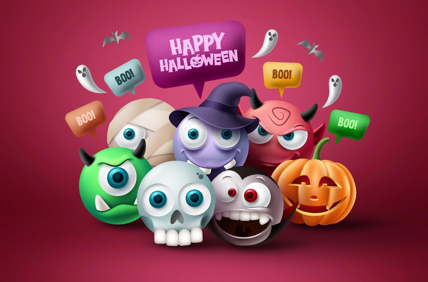 Halloween character vector design. Happy halloween text in speech bubble element with scary, spooky, creepy and cute mascot characters in red background. Vector illustration.