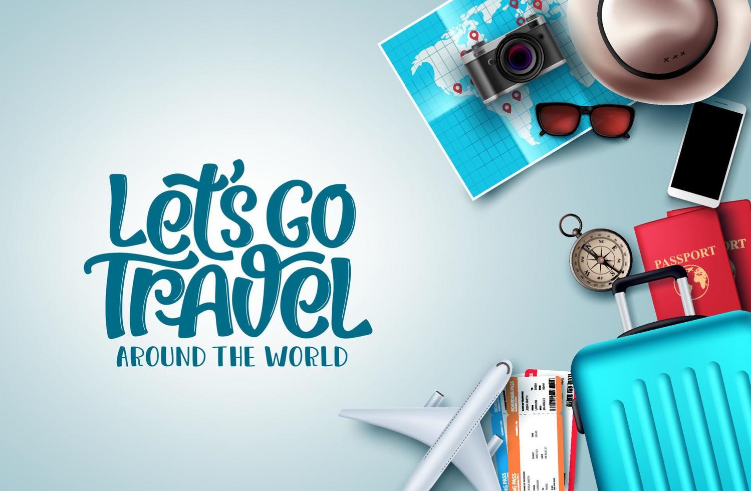 Let's go travel vector background design. Let's go travel around the world  text in white empty space with travel vacation and tour elements like  passport, tourism map, compass and hat. 4928933 Vector