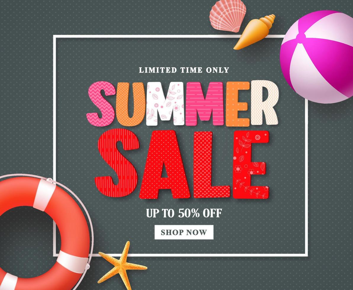 Summer sale vector banner design template with red sale text and colorful beach elements in black pattern background and boarder for summer seasonal discount promotion. Vector illustration.