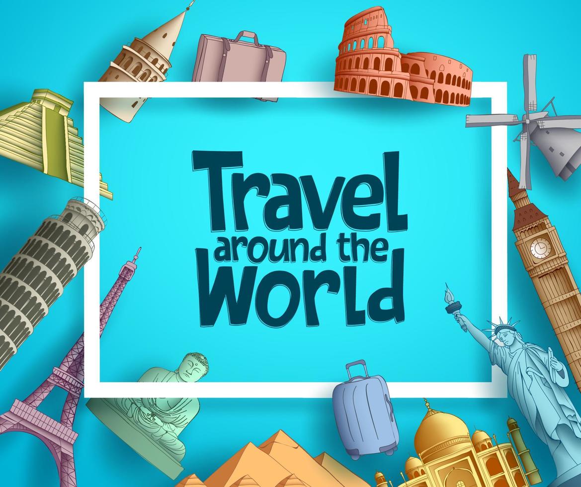 Travel around the world vector banner template design with frame and famous tourist destination elements in blue background. Vector illustration.