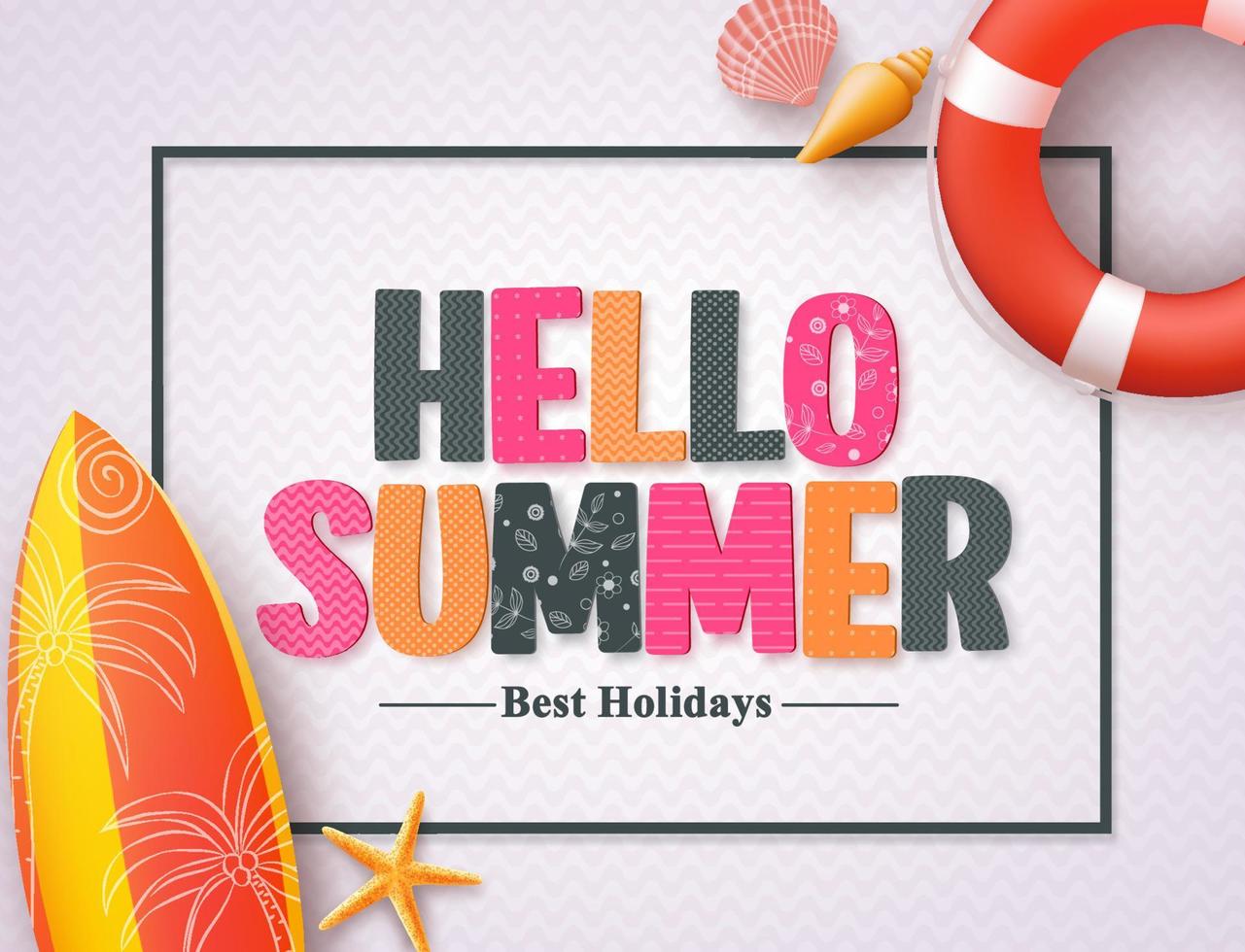 Hello summer vector banner design template with pattern 3D colorful text and beach elements in a white pattern background and boarder. Vector illustration.